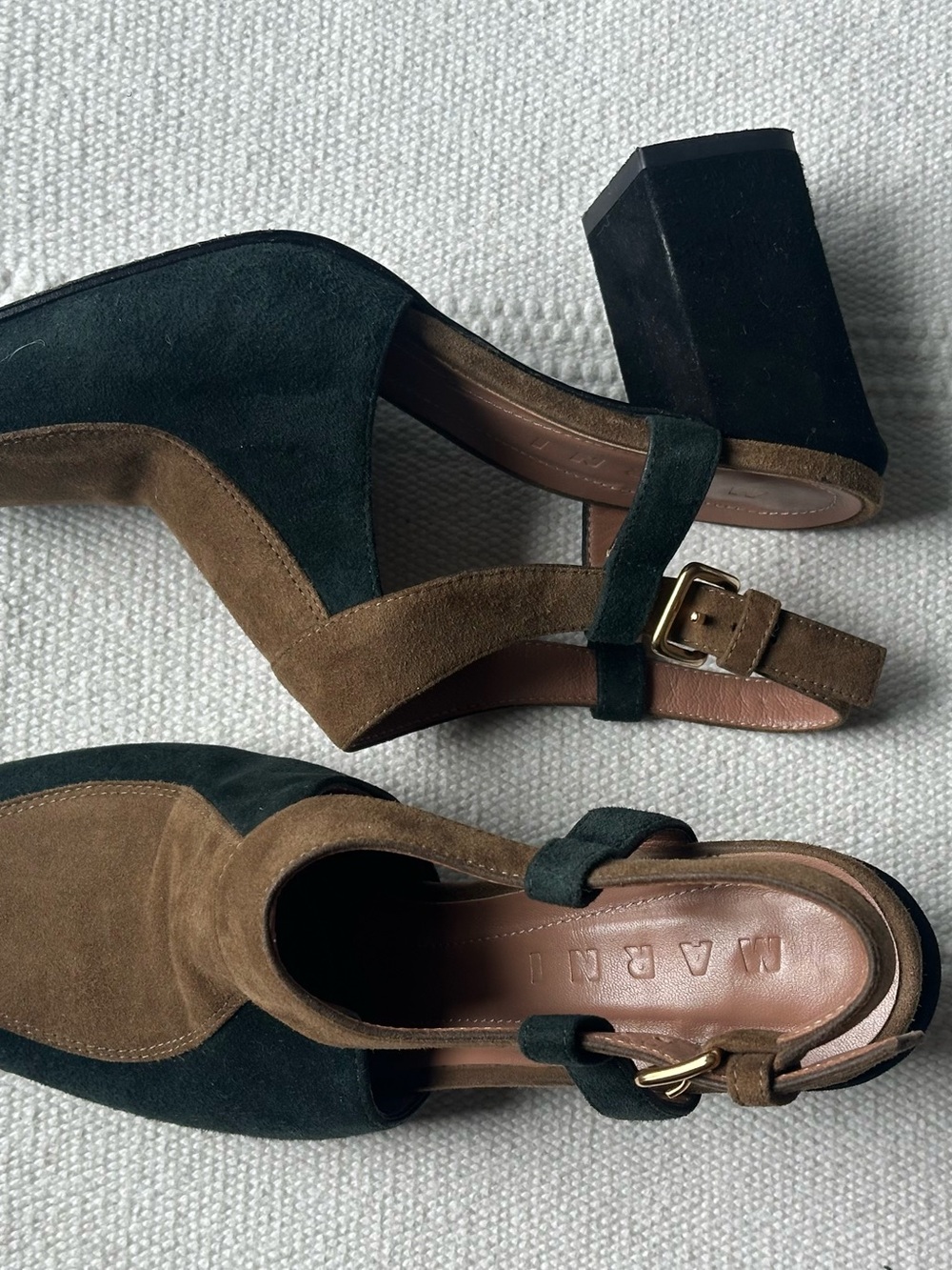 Marni Brown & Dark Green Suede Block Heel Slingbacks